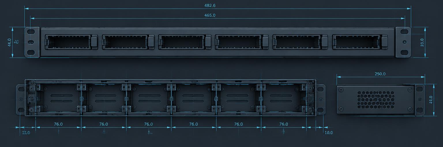 PortGuard 19-inch 1U rack frame with six module slots